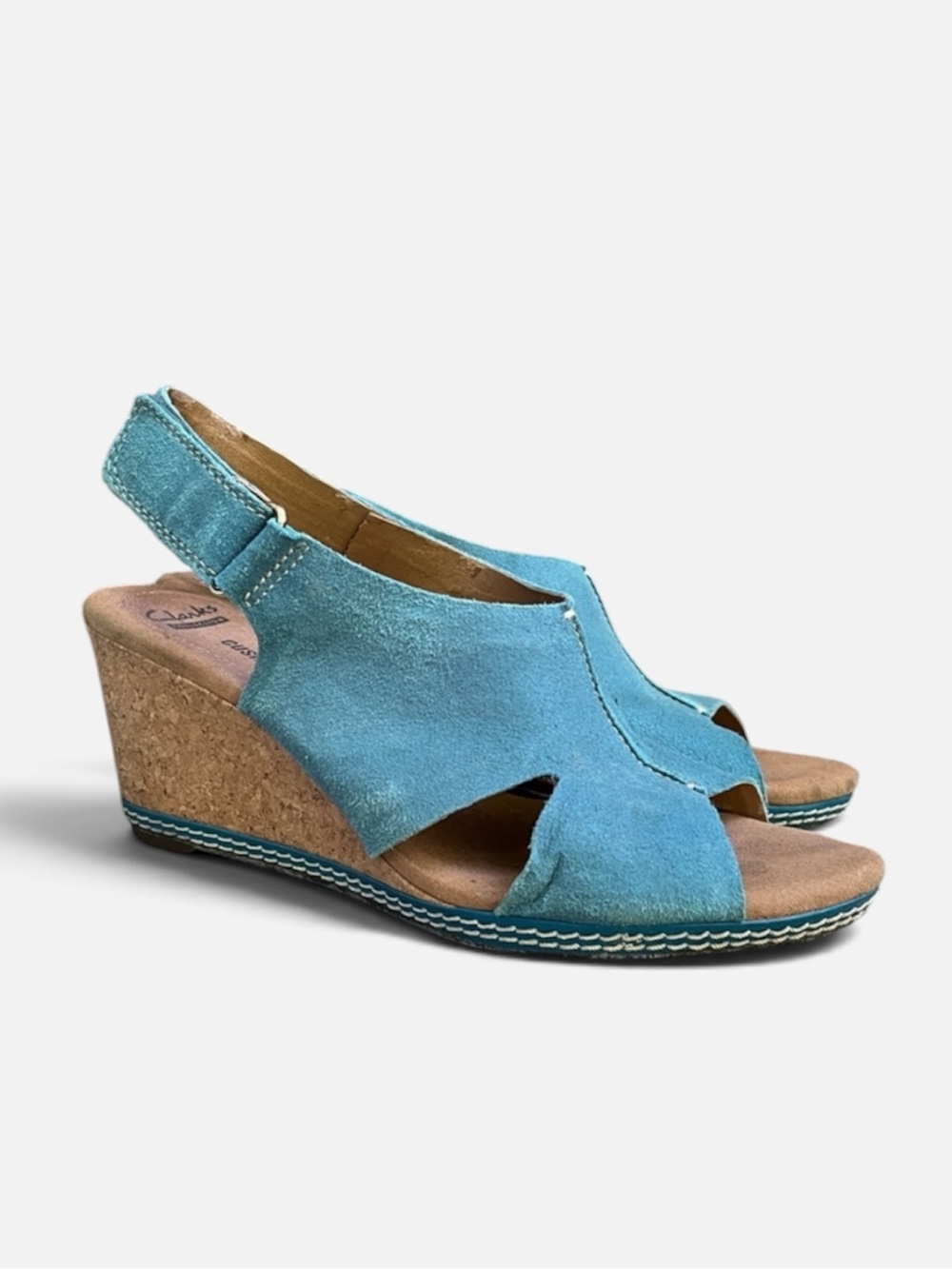 Clark’s Helio Float Cork Wedge Sandal in Teal Suede Size 9 - Picture 3 of 10
